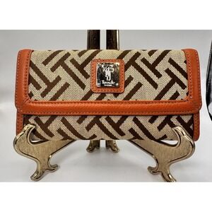Tignanello‎ Leather & Canvas Trifold Wallet Clutch Monogram T Brown Tan